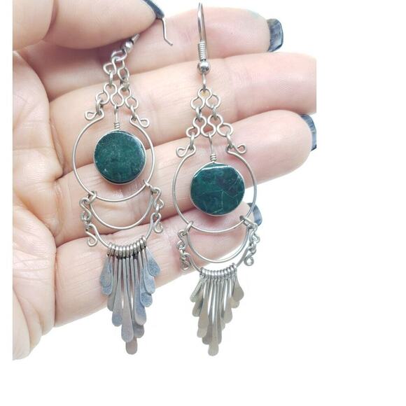 Boho Dangle Earrings Silver Tone Green Malachite Gem Chandelier Long 4.5 Inch - Picture 4 of 5